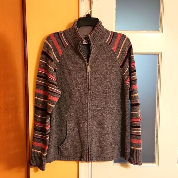 Eddie Bauer Collectibles 100% Lambs Wool Gray Sweater w/ Pink Stripes Size L - Picture 1 of 11